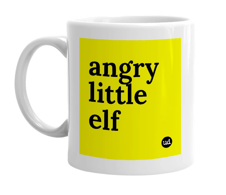 White mug with 'angry little elf' in bold black letters