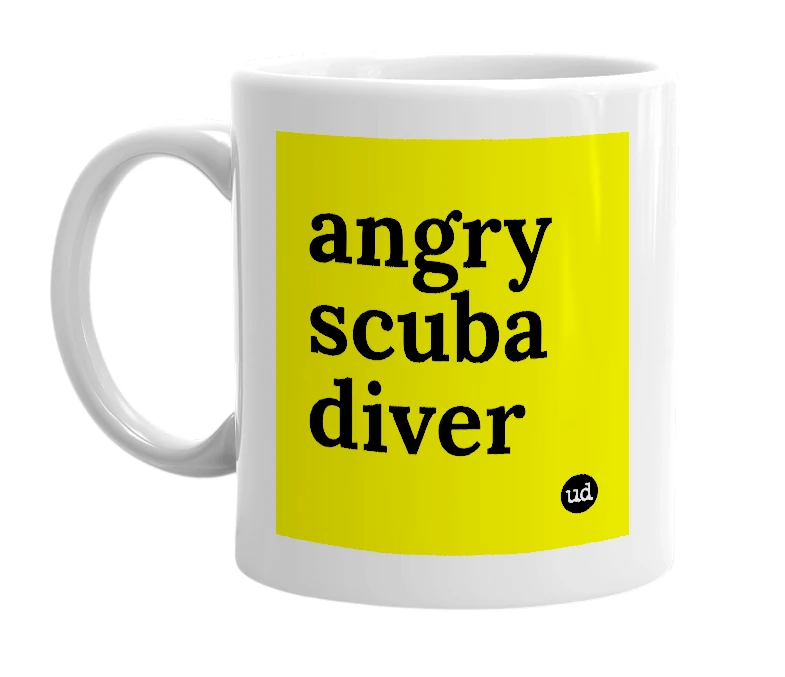 White mug with 'angry scuba diver' in bold black letters