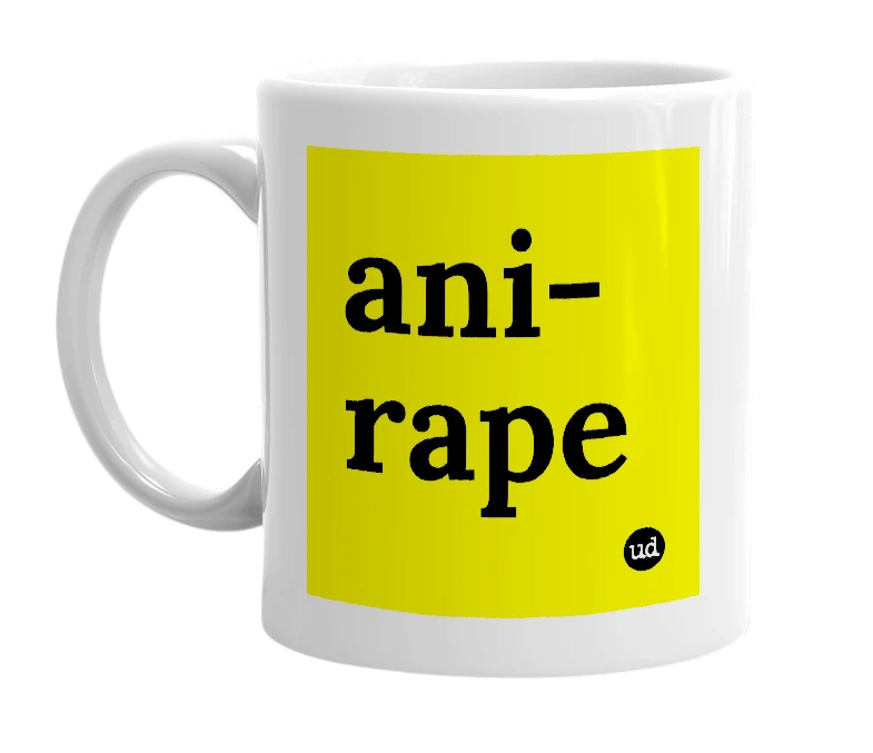 White mug with 'ani-rape' in bold black letters