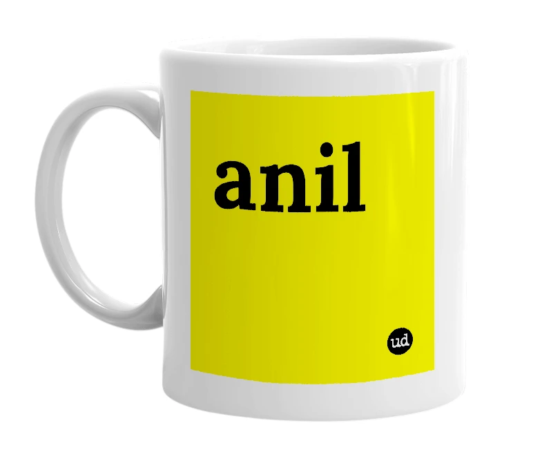 White mug with 'anil' in bold black letters