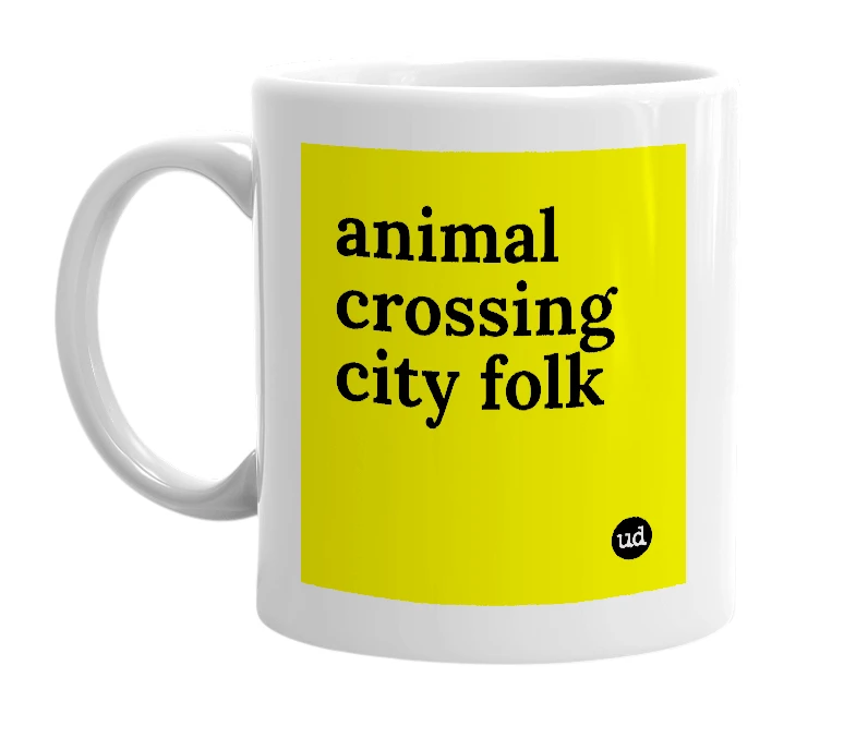 White mug with 'animal crossing city folk' in bold black letters