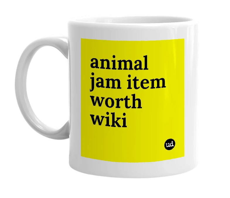 White mug with 'animal jam item worth wiki' in bold black letters