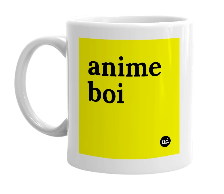 White mug with 'anime boi' in bold black letters