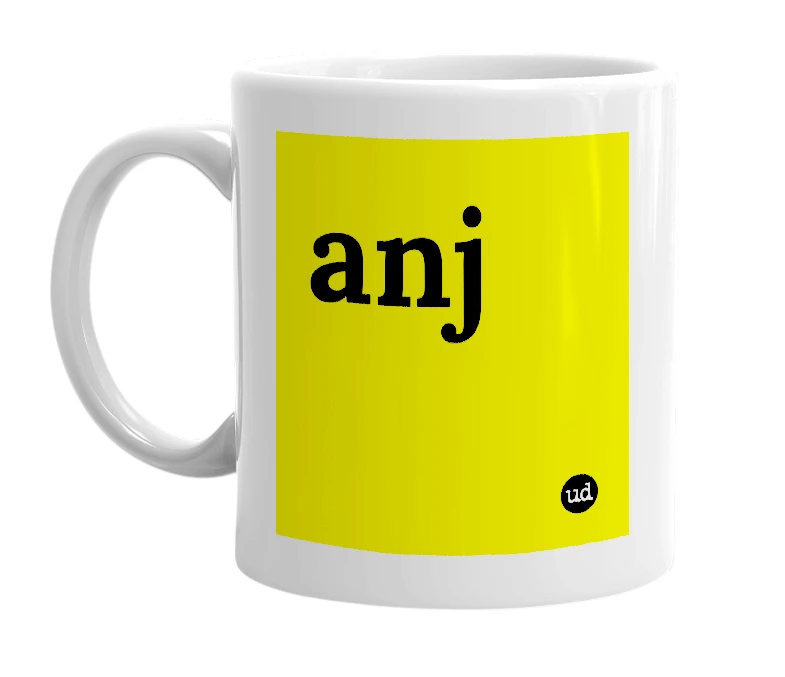 White mug with 'anj' in bold black letters