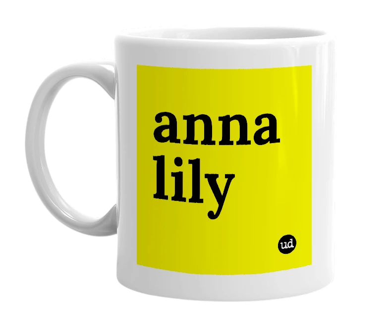White mug with 'anna lily' in bold black letters