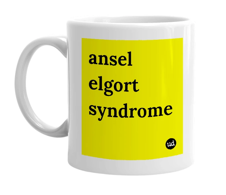 White mug with 'ansel elgort syndrome' in bold black letters