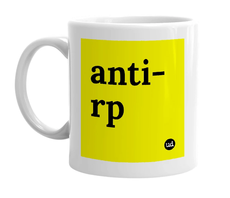 White mug with 'anti-rp' in bold black letters
