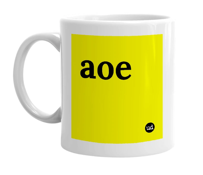White mug with 'aoe' in bold black letters