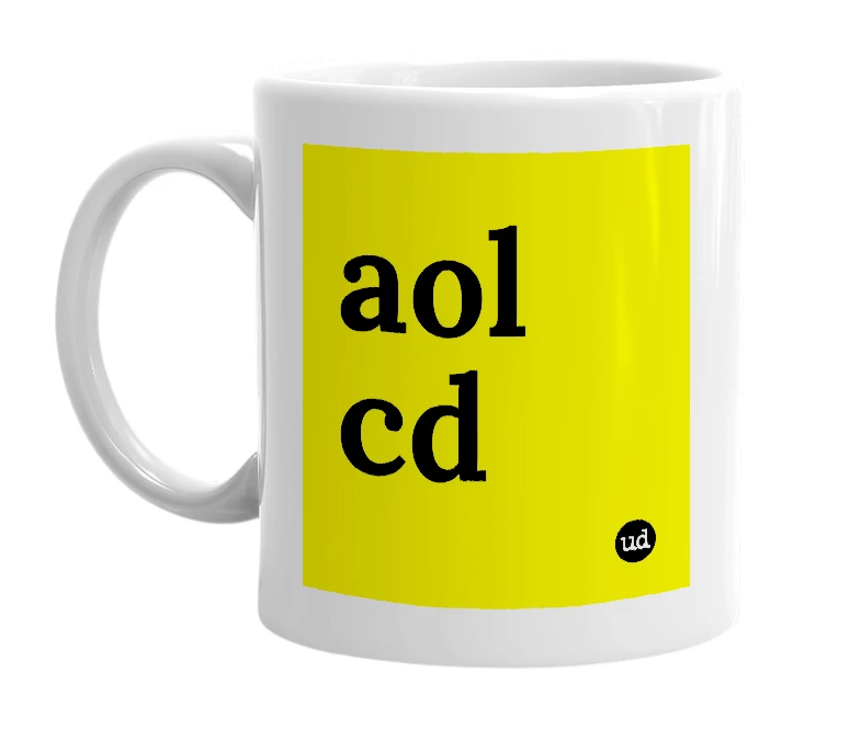 White mug with 'aol cd' in bold black letters