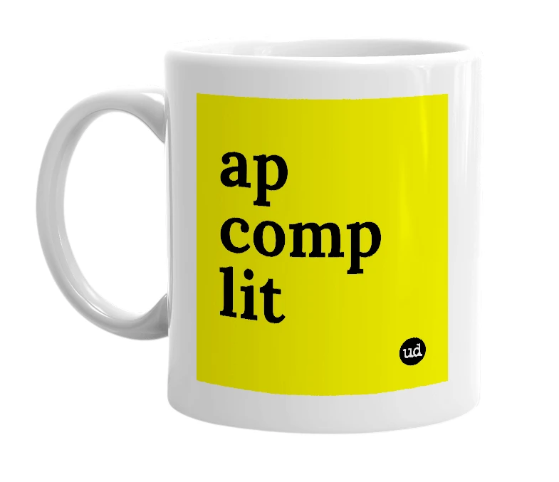 White mug with 'ap comp lit' in bold black letters