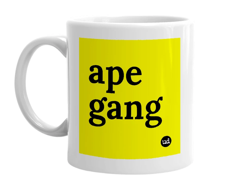 White mug with 'ape gang' in bold black letters