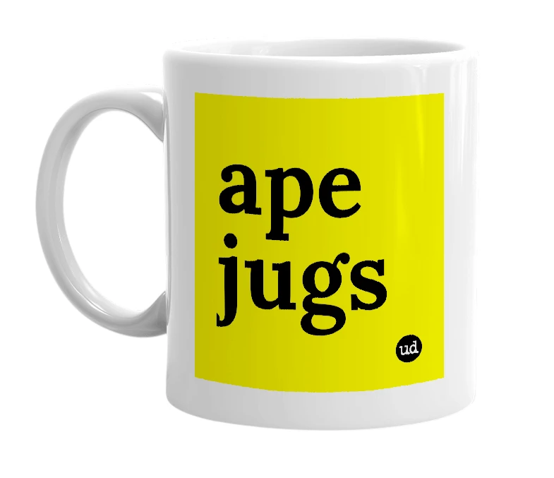 White mug with 'ape jugs' in bold black letters