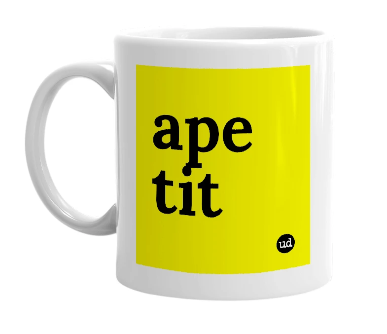 White mug with 'ape tit' in bold black letters