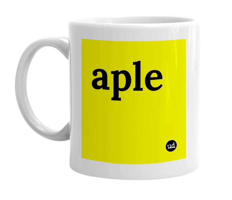 White mug with 'aple' in bold black letters