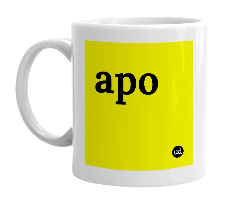 White mug with 'apo' in bold black letters