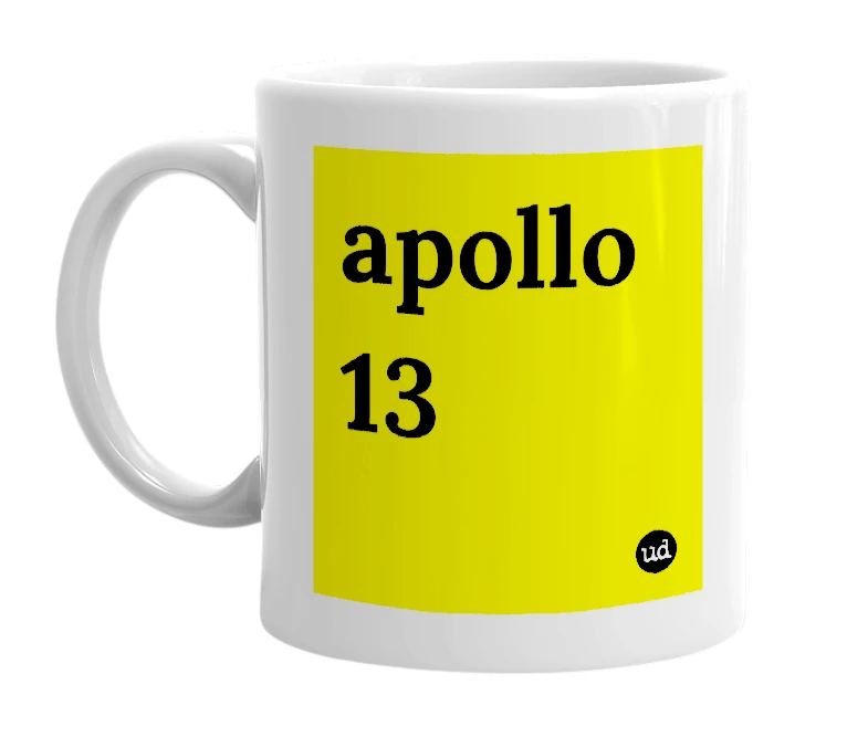 White mug with 'apollo 13' in bold black letters