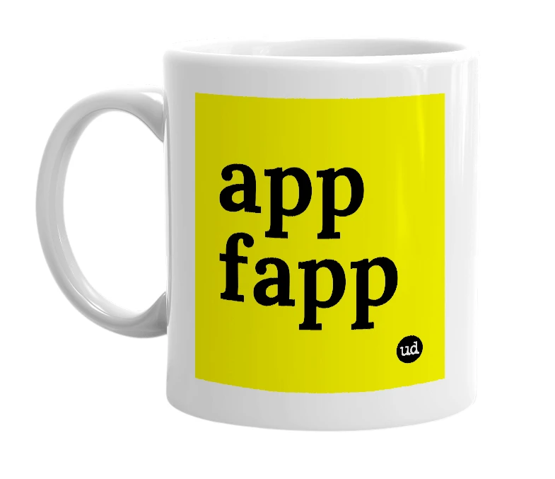 White mug with 'app fapp' in bold black letters