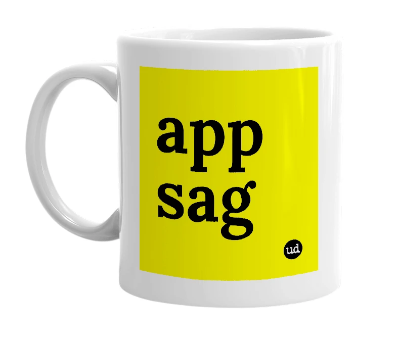 White mug with 'app sag' in bold black letters