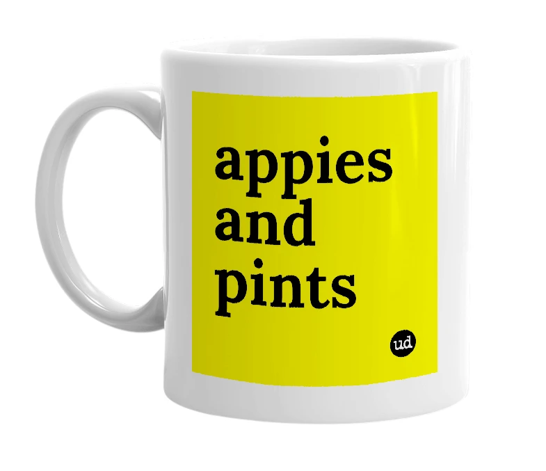 White mug with 'appies and pints' in bold black letters