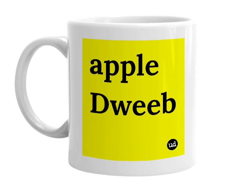 White mug with 'apple Dweeb' in bold black letters