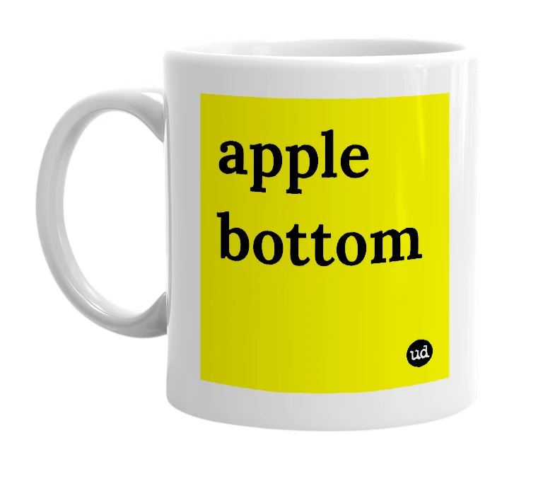 White mug with 'apple bottom' in bold black letters