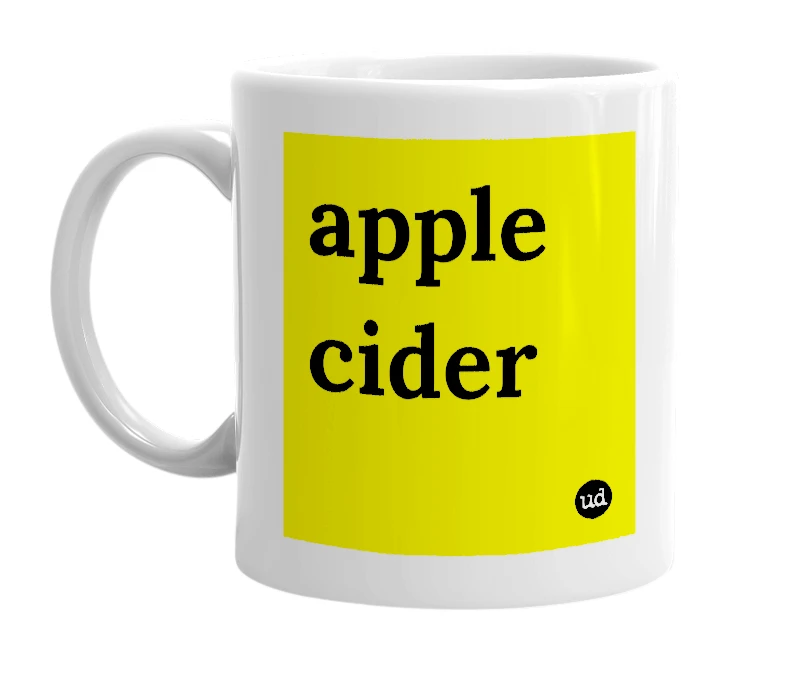 White mug with 'apple cider' in bold black letters