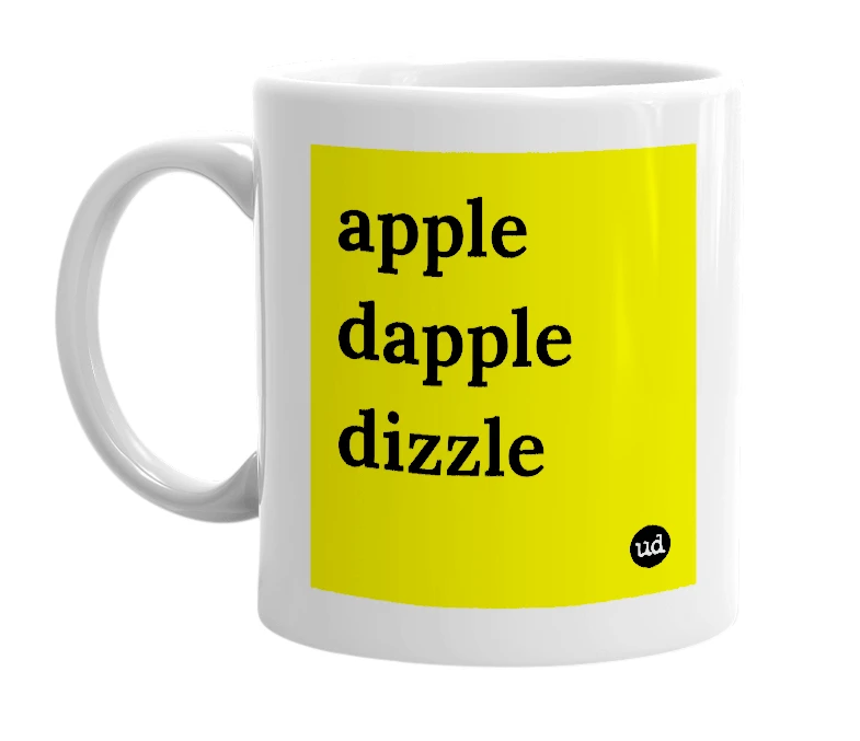 White mug with 'apple dapple dizzle' in bold black letters