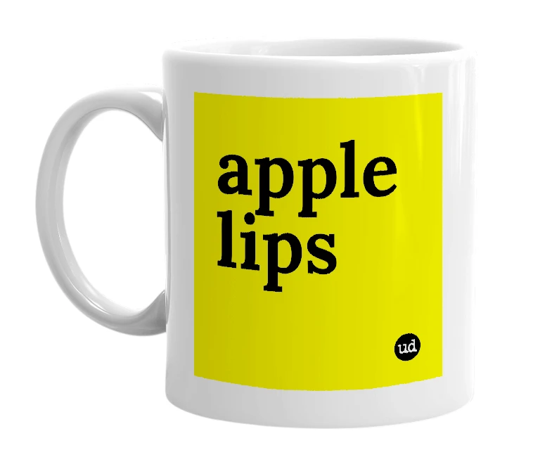 White mug with 'apple lips' in bold black letters