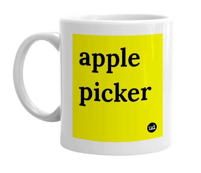 White mug with 'apple picker' in bold black letters