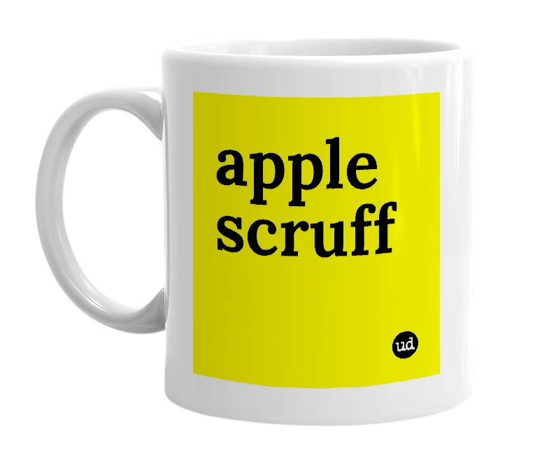 White mug with 'apple scruff' in bold black letters