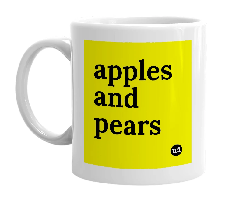 White mug with 'apples and pears' in bold black letters