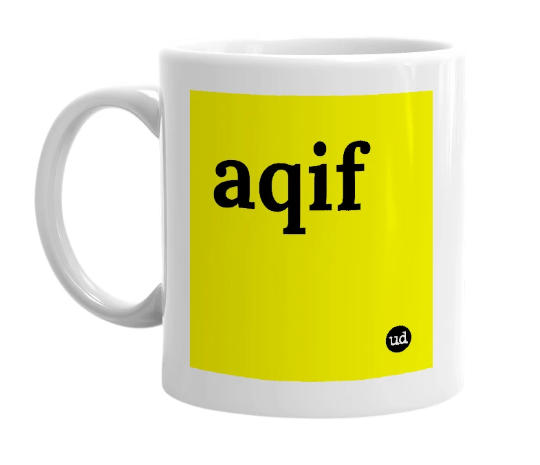 White mug with 'aqif' in bold black letters