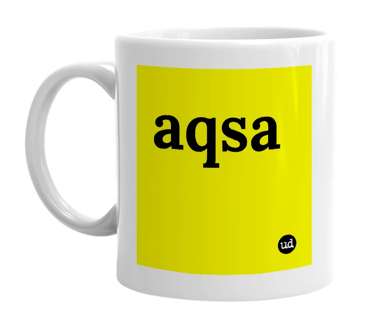 White mug with 'aqsa' in bold black letters