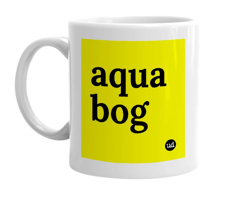 White mug with 'aqua bog' in bold black letters