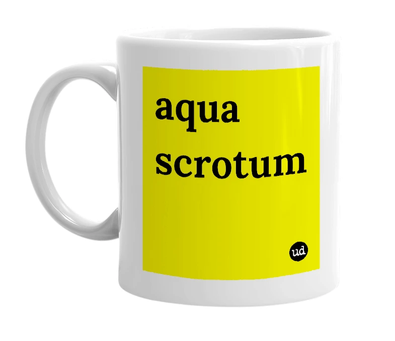 White mug with 'aqua scrotum' in bold black letters