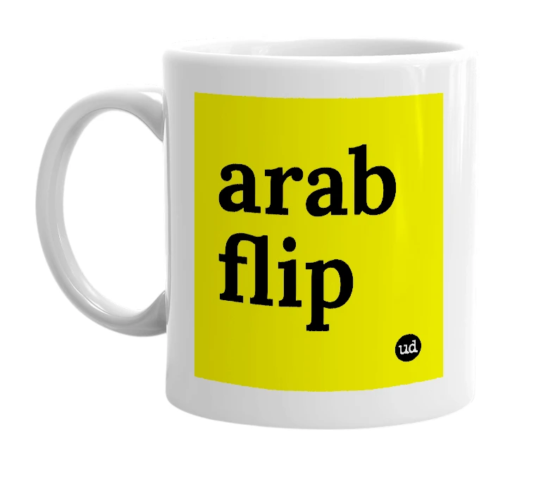 White mug with 'arab flip' in bold black letters