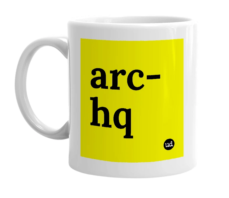 White mug with 'arc-hq' in bold black letters