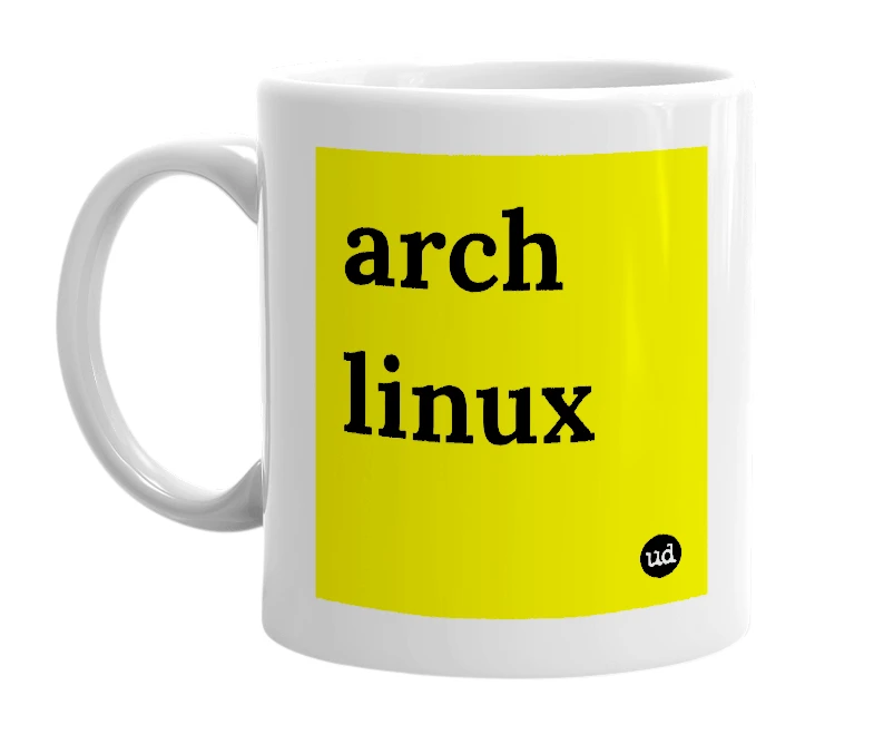 White mug with 'arch linux' in bold black letters