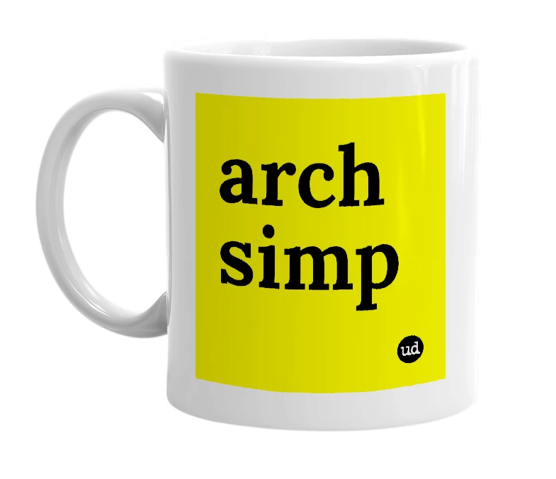 White mug with 'arch simp' in bold black letters