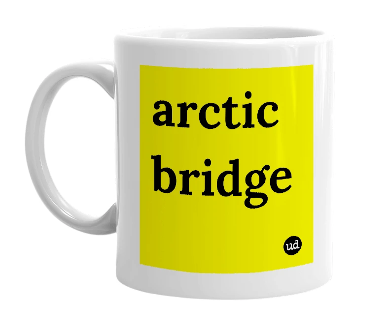 White mug with 'arctic bridge' in bold black letters