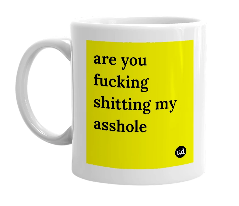 White mug with 'are you fucking shitting my asshole' in bold black letters