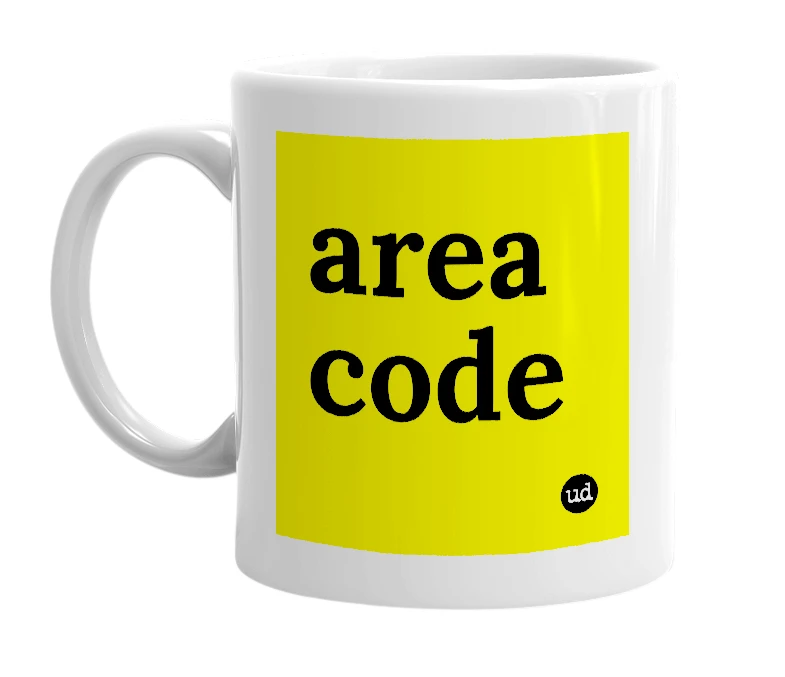 White mug with 'area code' in bold black letters