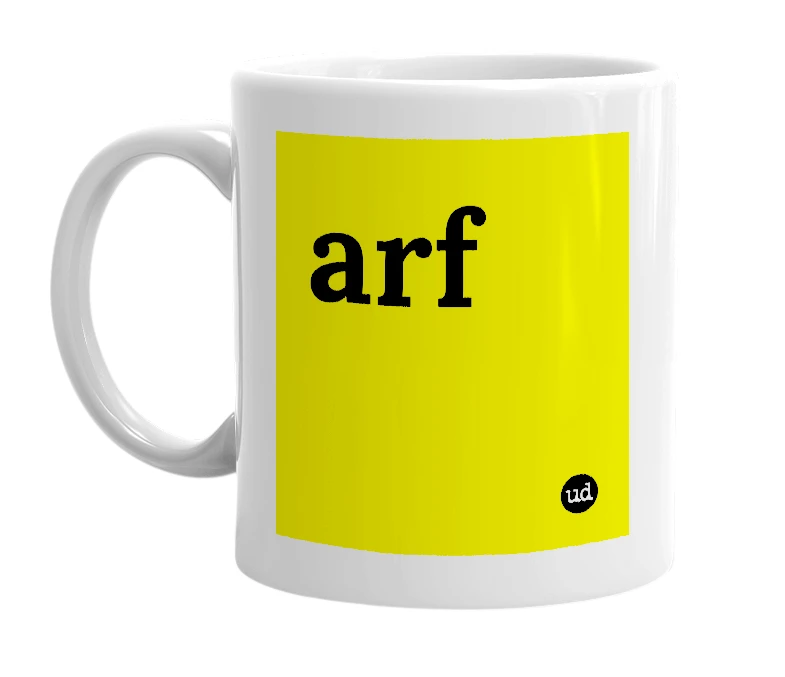 White mug with 'arf' in bold black letters