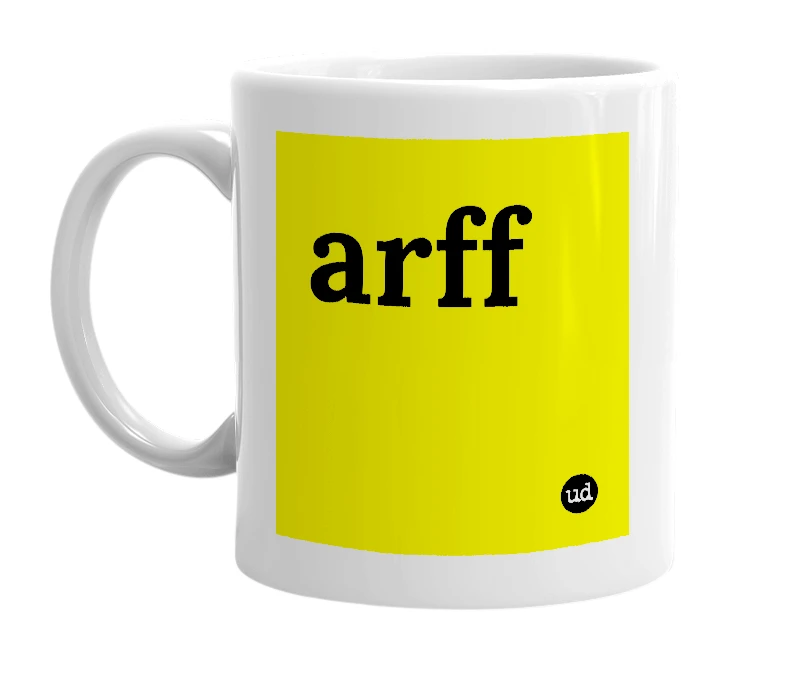 White mug with 'arff' in bold black letters