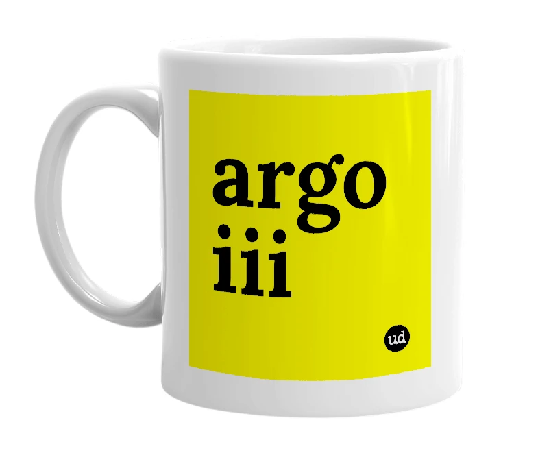 White mug with 'argo iii' in bold black letters