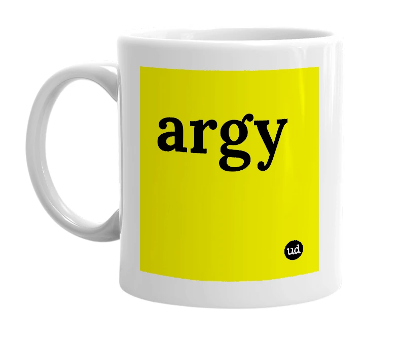 White mug with 'argy' in bold black letters