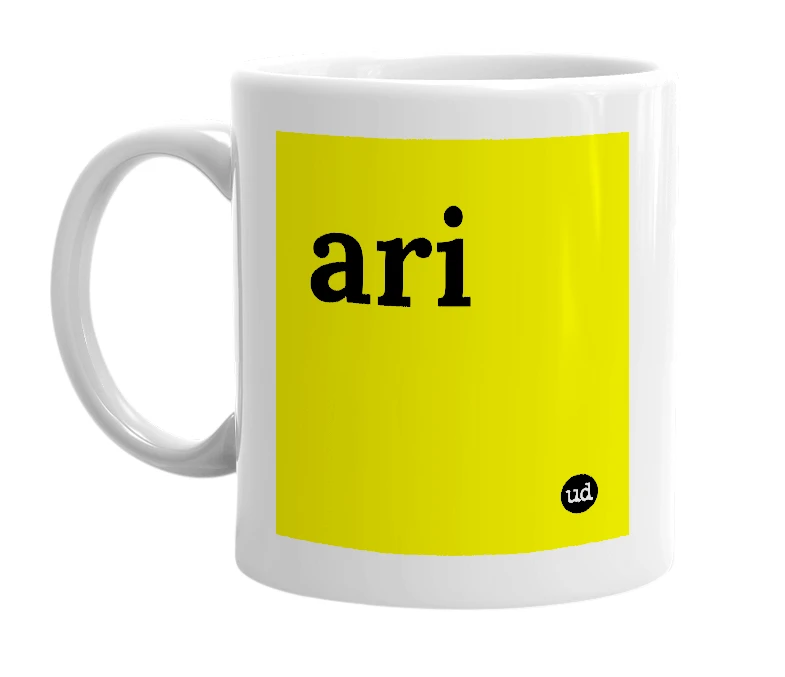 White mug with 'ari' in bold black letters