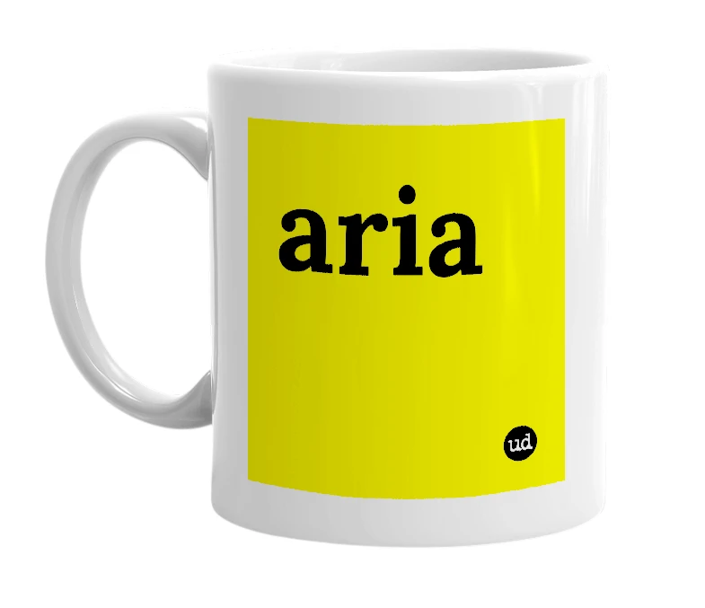 White mug with 'aria' in bold black letters