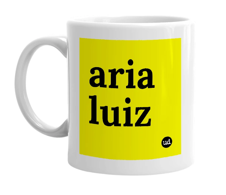 White mug with 'aria luiz' in bold black letters