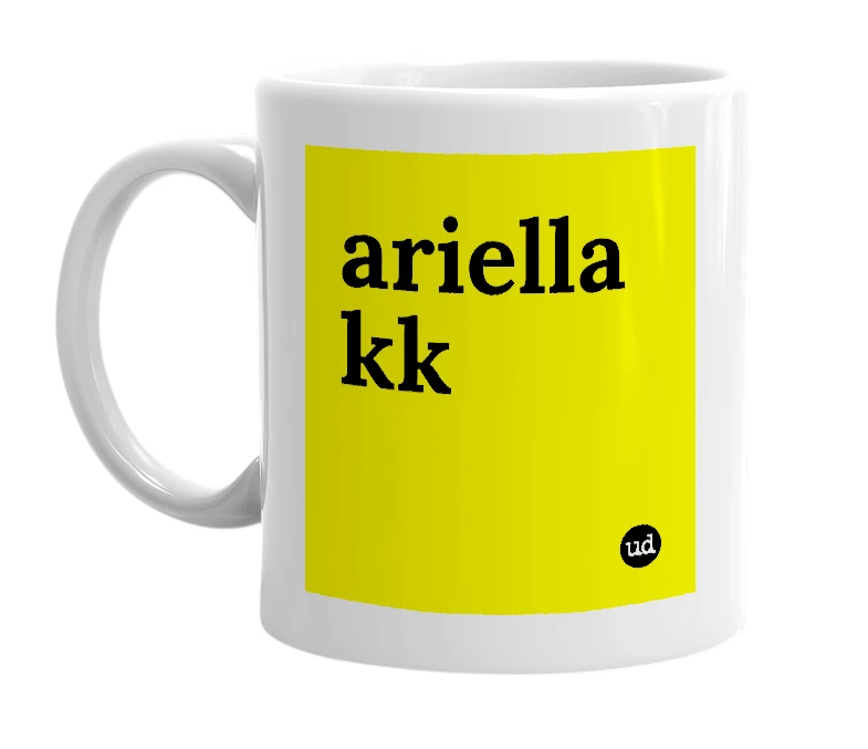 White mug with 'ariella kk' in bold black letters